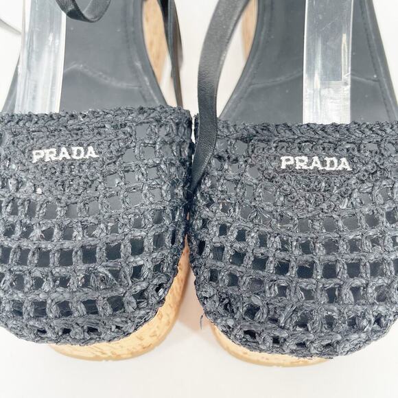 Prada Black Raffia Crochet Logo Wedge Leather Lace Up Ankle Tie Sandal IT 41 - Picture 8 of 13